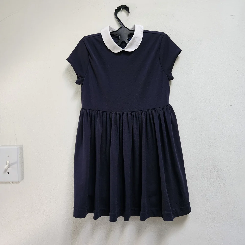 Polo Ralph Lauren Girls Collared Crepe Dress Navy Blue Size 5 Schoolgirl Preppy